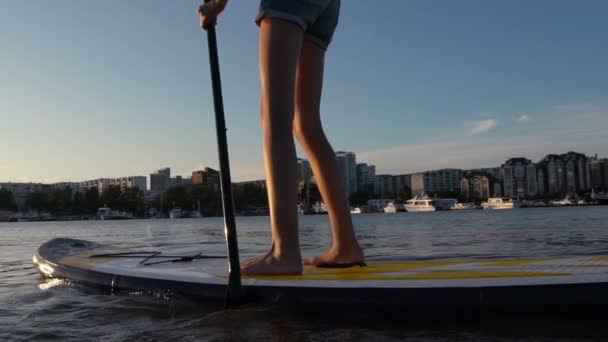 Hermosa mujer en Stand Up Paddle Board. SUP . — Vídeo de stock