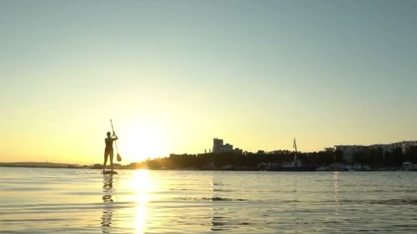 Hermosa mujer en Stand Up Paddle Board. SUP . — Vídeo de stock