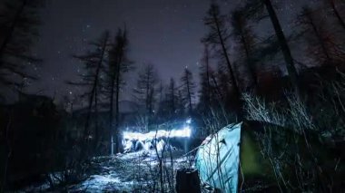 Ormanda kamp gece gökyüzü Timelapse.