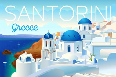 Santorini Adası, Yunanistan. Güzel geleneksel beyaz mimari ve kalderanın üzerinde mavi kubbeler olan Yunan Ortodoks kiliseleri, Ege Denizi. Manzaralı seyahat geçmişi. Reklam kartı, broşür, broşür. Vektör illüstrasyonu