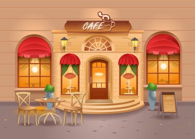Şehirdeki kafe binası. - Kahve. Sokak Kafe 'si. Vektör illüstrasyonu
