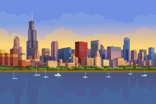 Horizonte Chicago Puesta Sol Soleada Reflejada Agua Chicago Yate Panorama — Vector de stock