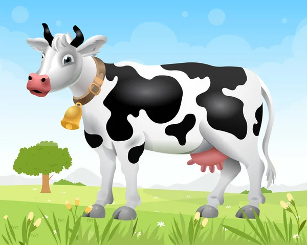 Cow Lawn Sunny Day Cartoon Cow Milk Cow Vector Illustration — Stock Vector