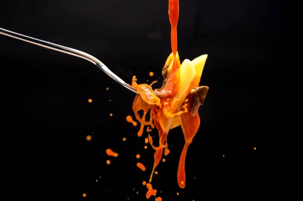 Italie Une Goutte Sauce Tomate Tombe Sur Une Fourchette Avec — Photo