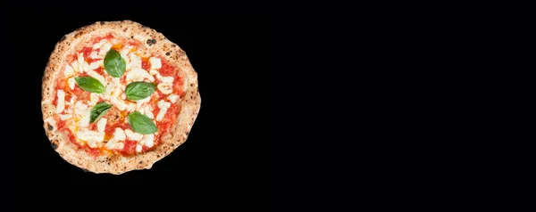 Äkta Italiensk Pizza Margherita Med Mozzarella Ost Tomatsås Basilika Svart — Stockfoto