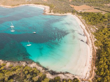 Muhteşem Menorca plajı, bir İHA 'dan alındı. Turkuaz ve şeffaf mavi su ve güzel bir bitki örtüsü..