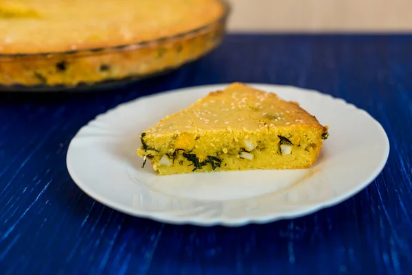 Pie and piece of pie on blue background