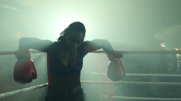 Mulher Boxer salta para cima a partir do canto — Vídeo de Stock