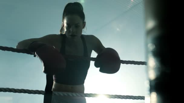 Boxer feminino repousa sobre as cordas — Vídeo de Stock