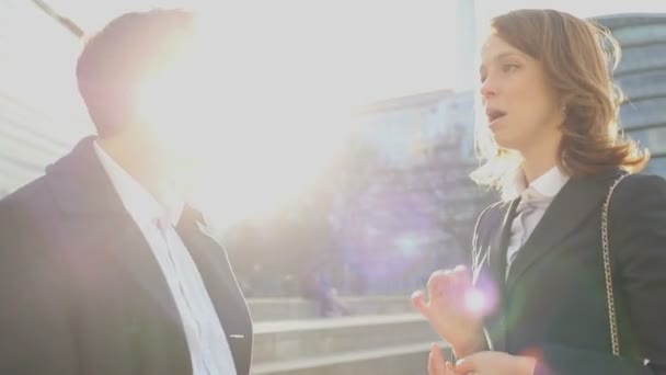 Zakelijke man en vrouw bespreken plannen — Stockvideo