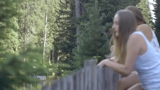 Vänner klättrar över ett staket — Stockvideo