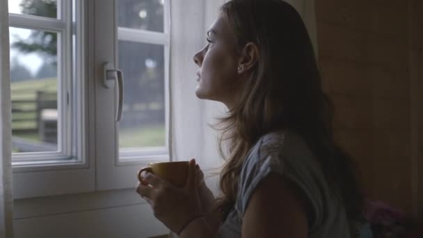 Woman looking out of window with mug — Stock Video