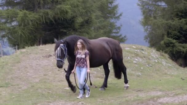 Girl walking with horse — Stock Video