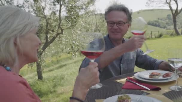 Pareja mayor comiendo al aire libre — Vídeos de Stock