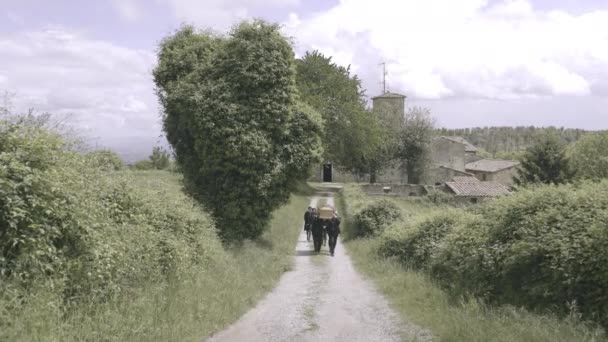 Dragers wandelen naar kerkhof met kist — Stockvideo