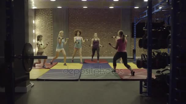 Groep van volwassen vrouwen oefenen met gewichten — Stockvideo