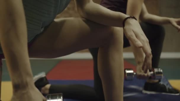 Две взрослые женщины упражняются с гирями — стоковое видео