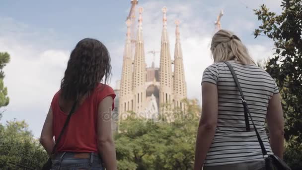 Туристи, милуючись собор Барселони — стокове відео