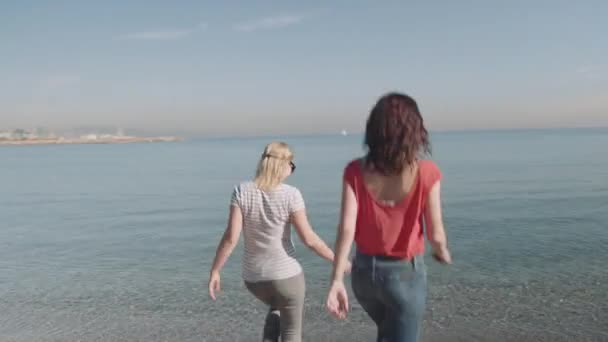 Frauen gehen am Strand spazieren — Stockvideo