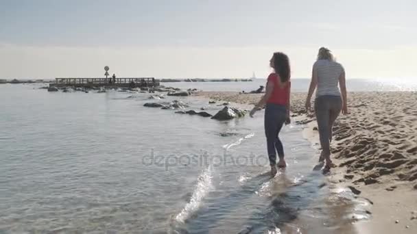 Женщины гуляющие по пляжу — стоковое видео