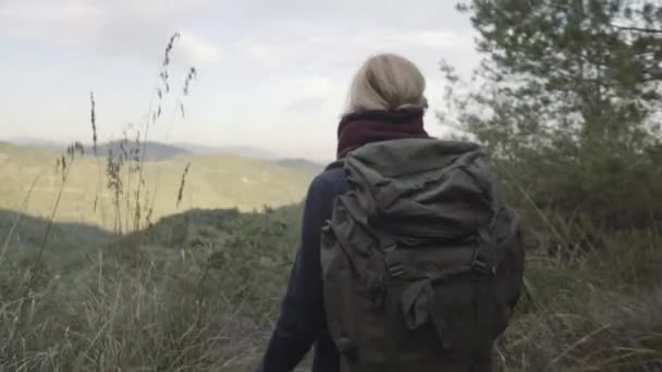 Mujer admirando las vistas a la montaña — Vídeos de Stock