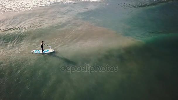 Kvinnliga Praktiken Paddel Ombordstigning Havet Utsikten Från Drone — Stockvideo