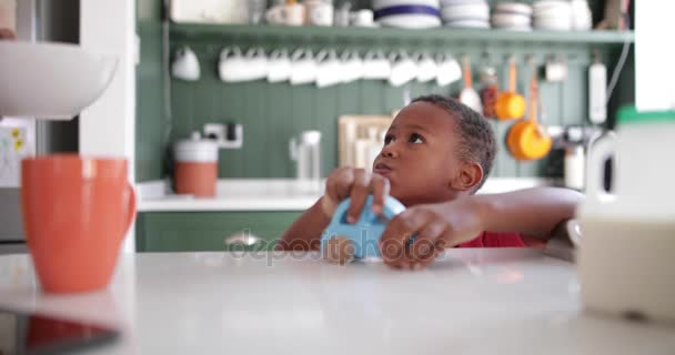 Мальчик Играет Завтраком — стоковое видео