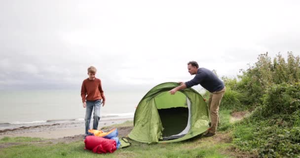 Pai Filho Montando Uma Tenda Juntos — Vídeo de Stock