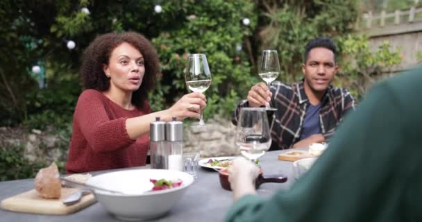Φίλοι Τρώγοντας Και Πίνοντας Κρασί Εξωτερικούς Χώρους — Αρχείο Βίντεο