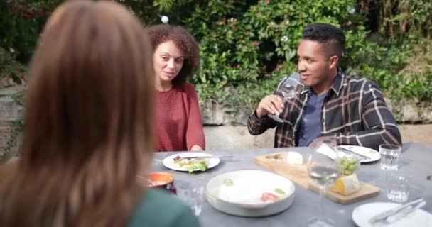 Τους Φίλους Που Τρώνε Ένα Γεύμα Στο Ύπαιθρο — Αρχείο Βίντεο