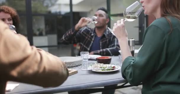 Gruppe Von Freunden Verkostet Weißwein Beim Essen — Stockvideo