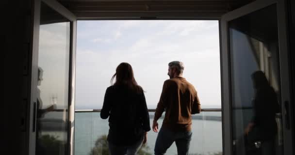 Couple Enjoying View Balcony Sea — Stock Video