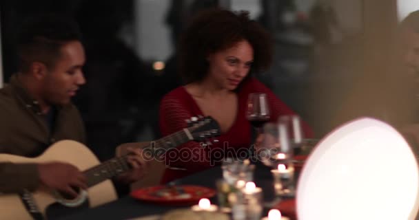 Man Playing Guitar Dinner Party — Stock Video