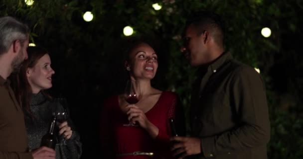 Freunde Trinken Nachts Wein Freien — Stockvideo