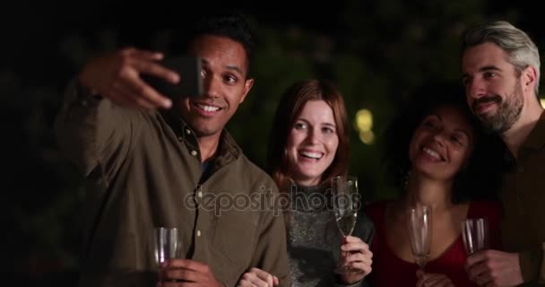 Friends Celebrating Outdoors Taking Selfie — Stock Video