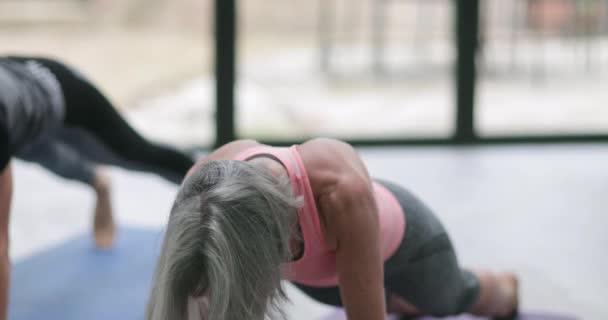 Senior vrouw in een yoga klas — Stockvideo