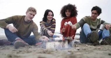 Grup genç yetişkin marshmallows toasting kamp ateşi etrafında oturan