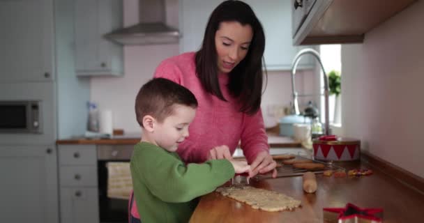 Mère Fils Faisant Des Biscuits Dans Cuisine — Video