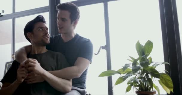 Young Male Couple Each Others Arms — Stock Video