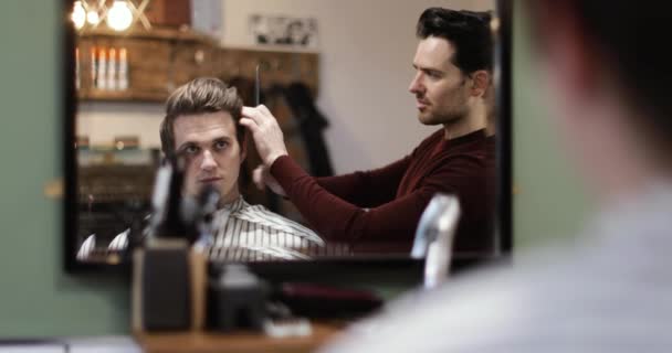 Young Male Having Haircut Traditional Barber Shop — Stock Video