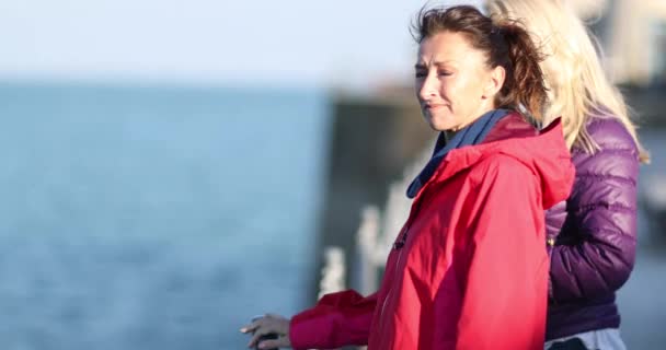 Зрілі Друзі Жінки Дивлячись Море — стокове відео