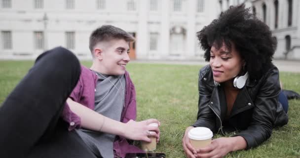 Lgbtqi vänner att dricka kaffe i en park — Stockvideo