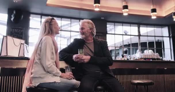 Zeki Giyimli Yetişkin Çift Otelin Barında Içki Içip Kadeh Kaldırıyor — Stok video