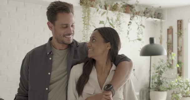 Portrait of Happy Couple looking content at camera in there home — Stock Video