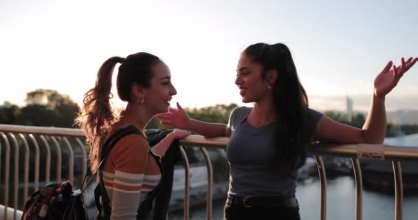 Подружки висять на мосту на заході сонця — стокове відео