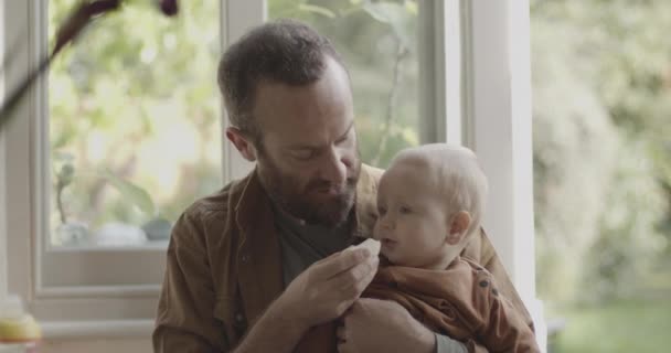 Батько годує дитину сином бананом — стокове відео