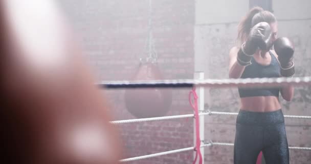 Kvinnlig boxare förbereder sig i ringen — Stockvideo