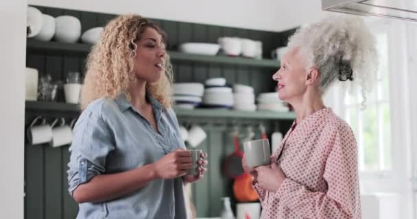 Senior vuxen kvinna att dricka kaffe med dotter — Stockvideo