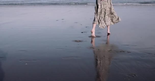 Young adult female running on beach by the sea in dress — Stock Video