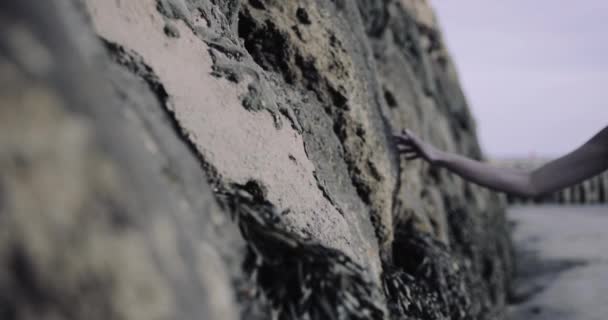 Junge erwachsene Frau berührt Felsen am Meer — Stockvideo